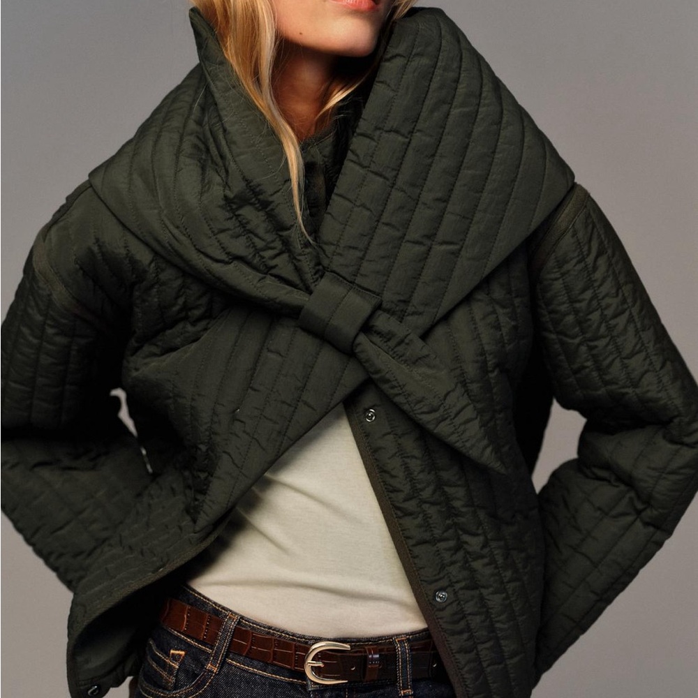 Zara Quilted Puffer Jacket with Detachable Scarf | Dark Khaki Scarf Jacket NWT
